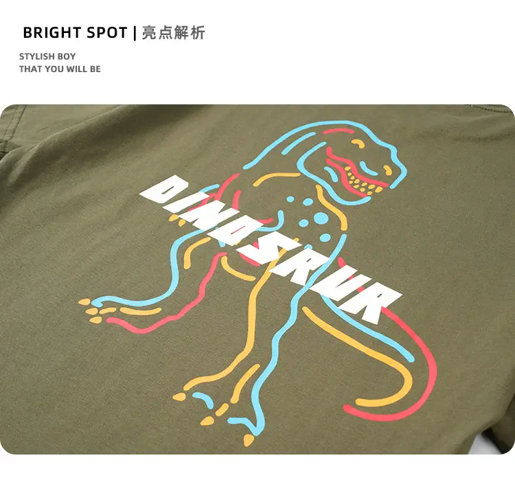 Kids Dinosaur Printed Cotton T-Shirt Olive Green — feature 6