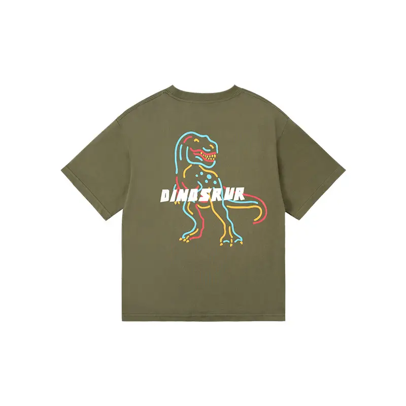 Kids Dinosaur Printed Cotton T-Shirt Olive Green - Image 2