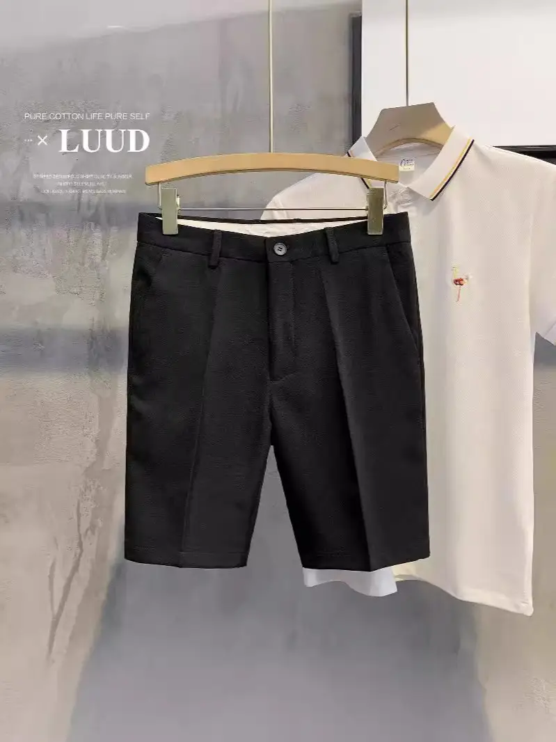 Men White Slim Fit Shorts with Black Polo Top - Image 7