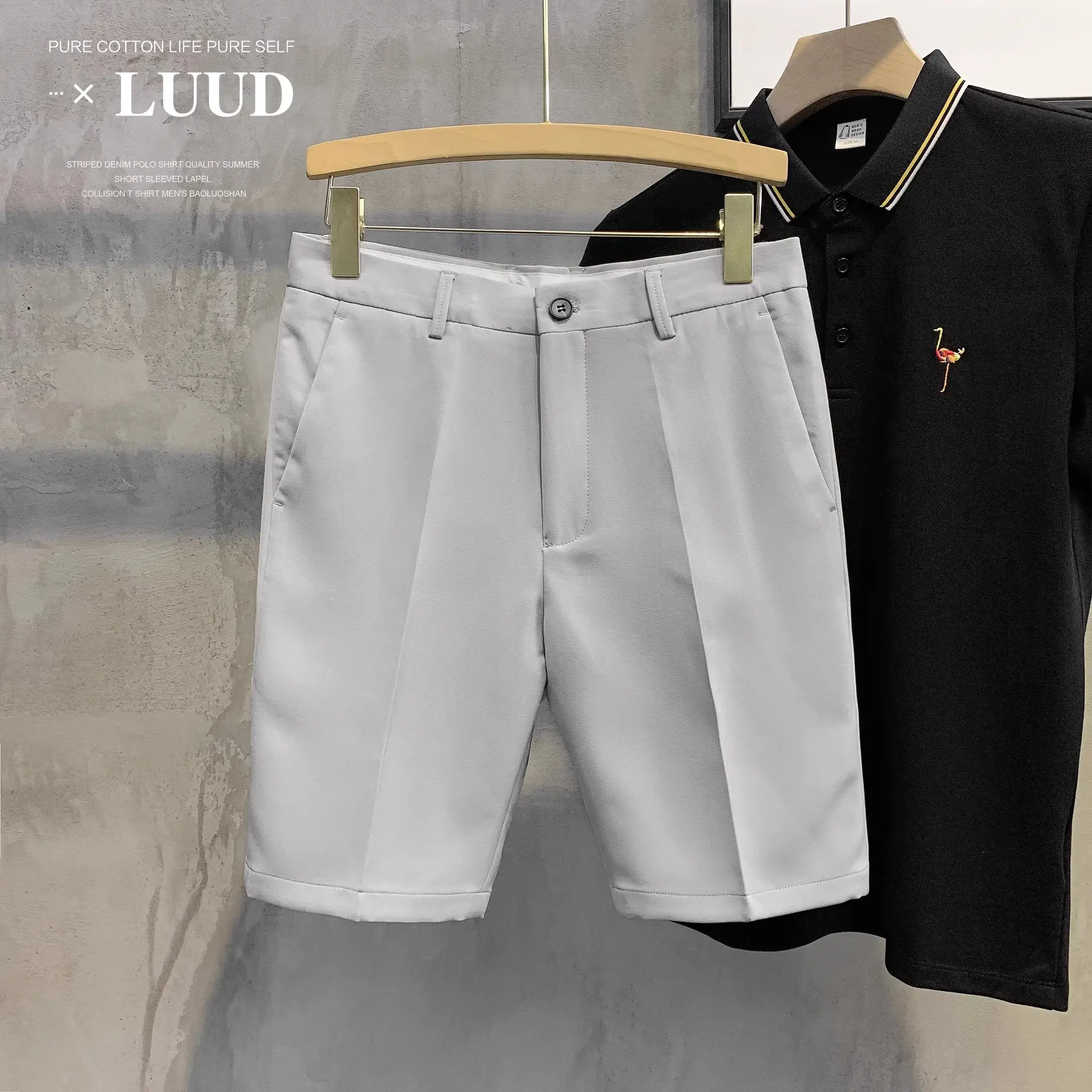 Men White Slim Fit Shorts with Black Polo Top - Image 2