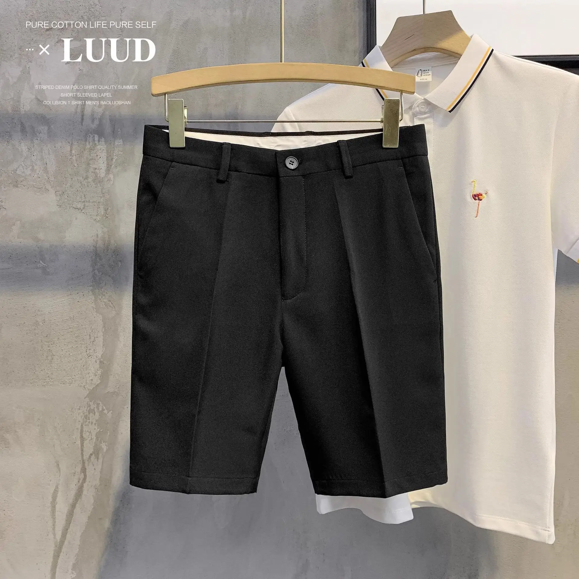 Men White Slim Fit Shorts with Black Polo Top - Image 3