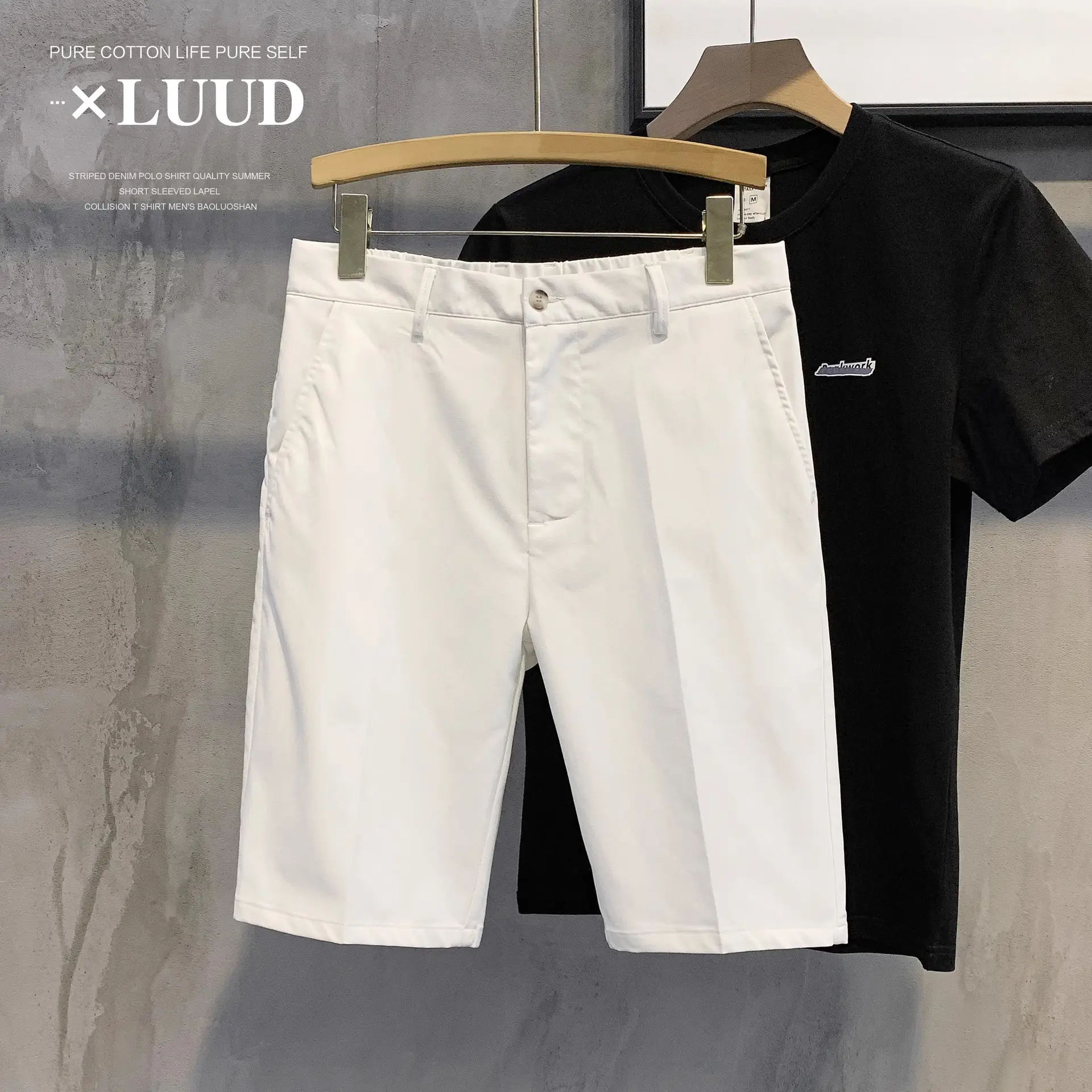 Men White Slim Fit Shorts with Black Polo Top - Image 4