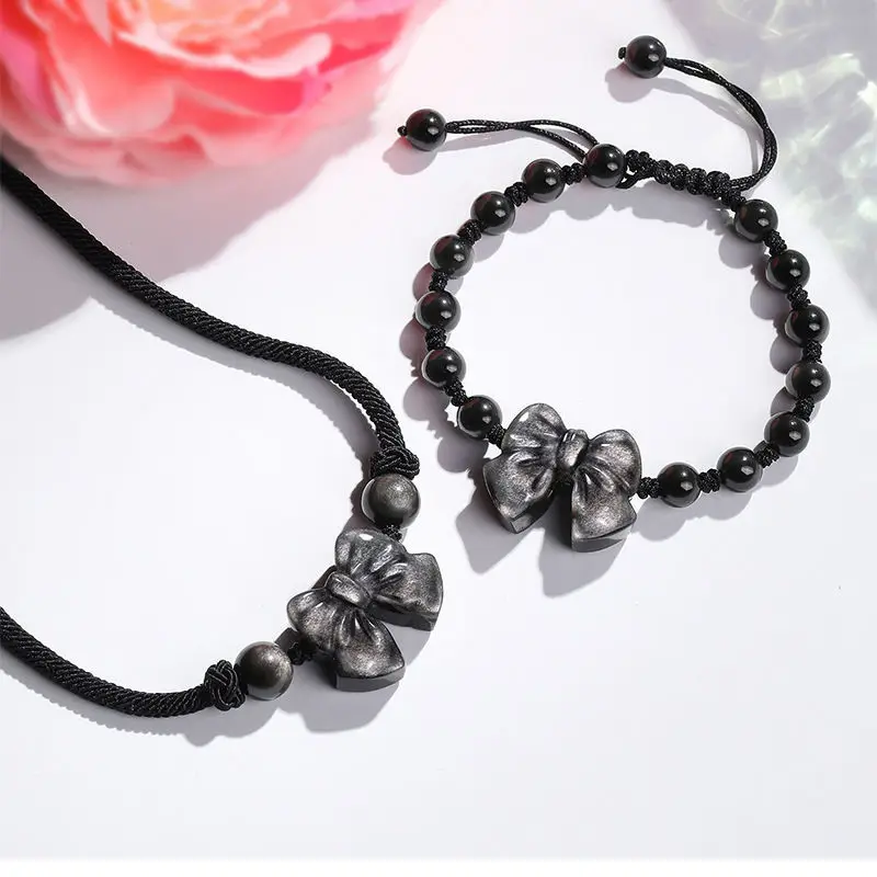Natural Strawberry Crystal Obsidian Bow Bracelet