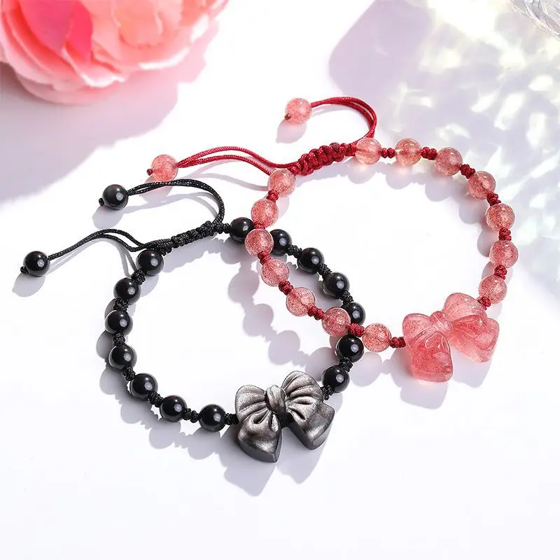 Natural Strawberry Crystal Obsidian Bow Bracelet