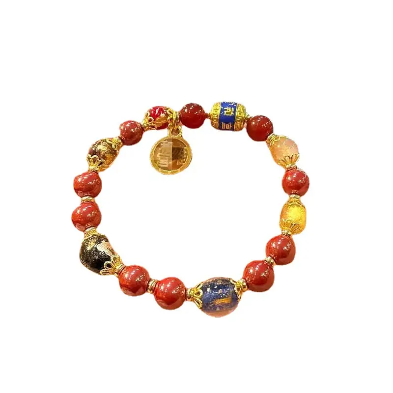 Red Cinnabar Round Beads Birth Year Bracelet Gold Foil Multi-Treasure - Image 6