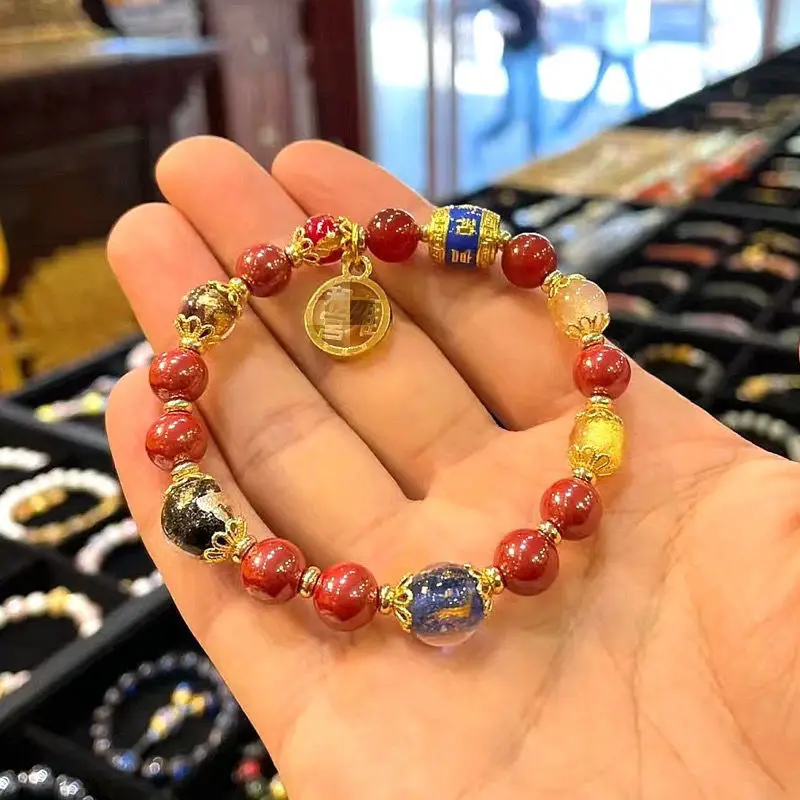 Red Cinnabar Round Beads Birth Year Bracelet Gold Foil Multi-Treasure — feature 2