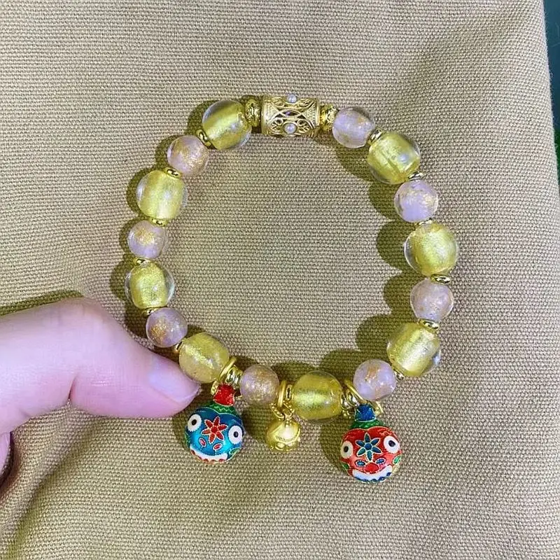 Yellow Pink Gold Foil Family of Three Transfer Beads Bracelet - Image 4