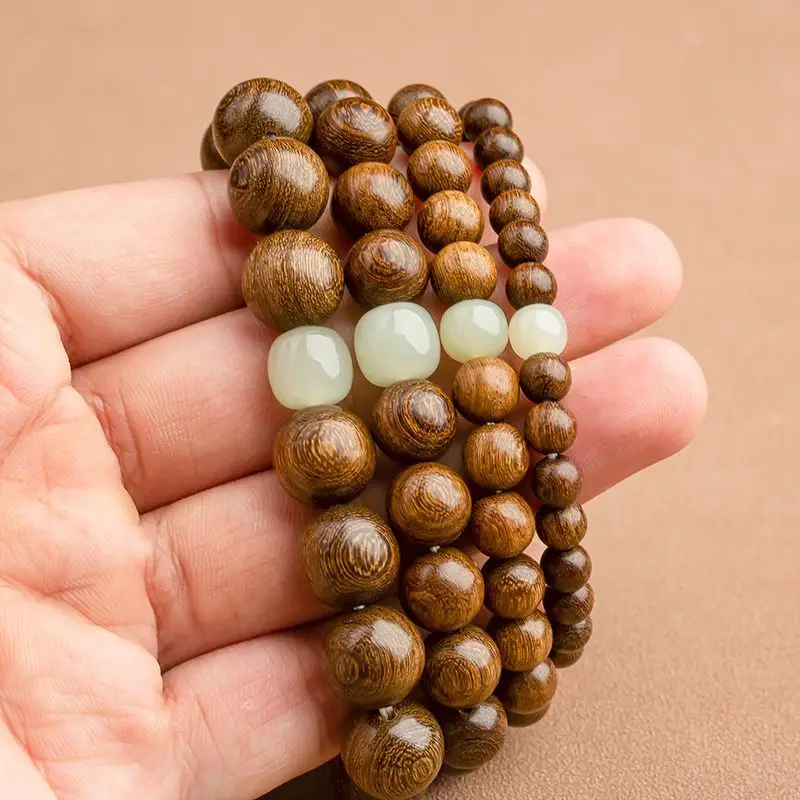 Golden Sandalwood Bracelet for Men with Hetian Yu Buddha Beads