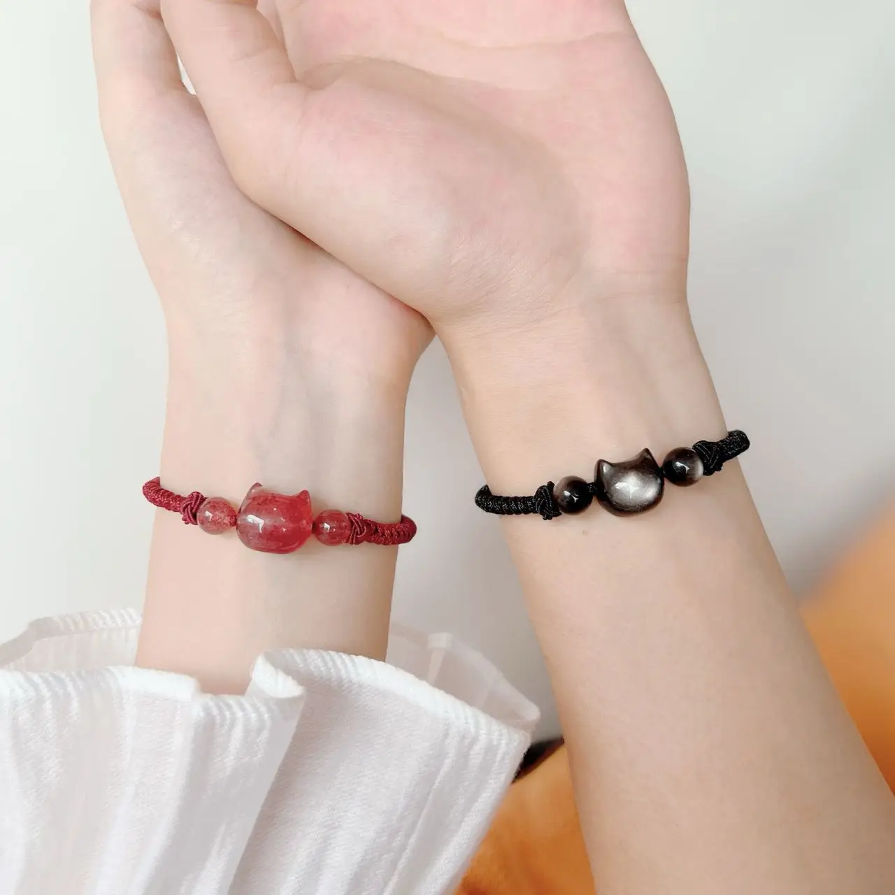 Natural Silver Obsidian Couple Bracelet Red Rope Braided