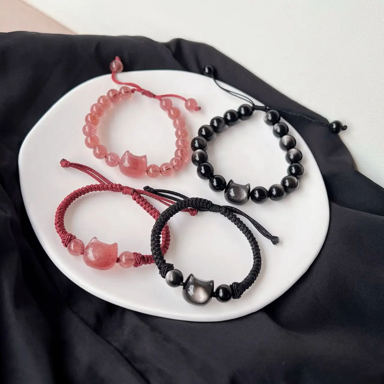 Natural Silver Obsidian Couple Bracelet Red Rope Braided - Image 6