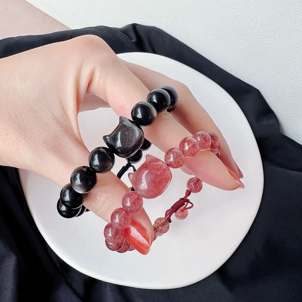 Natural Silver Obsidian Couple Bracelet Red Rope Braided - Image 7