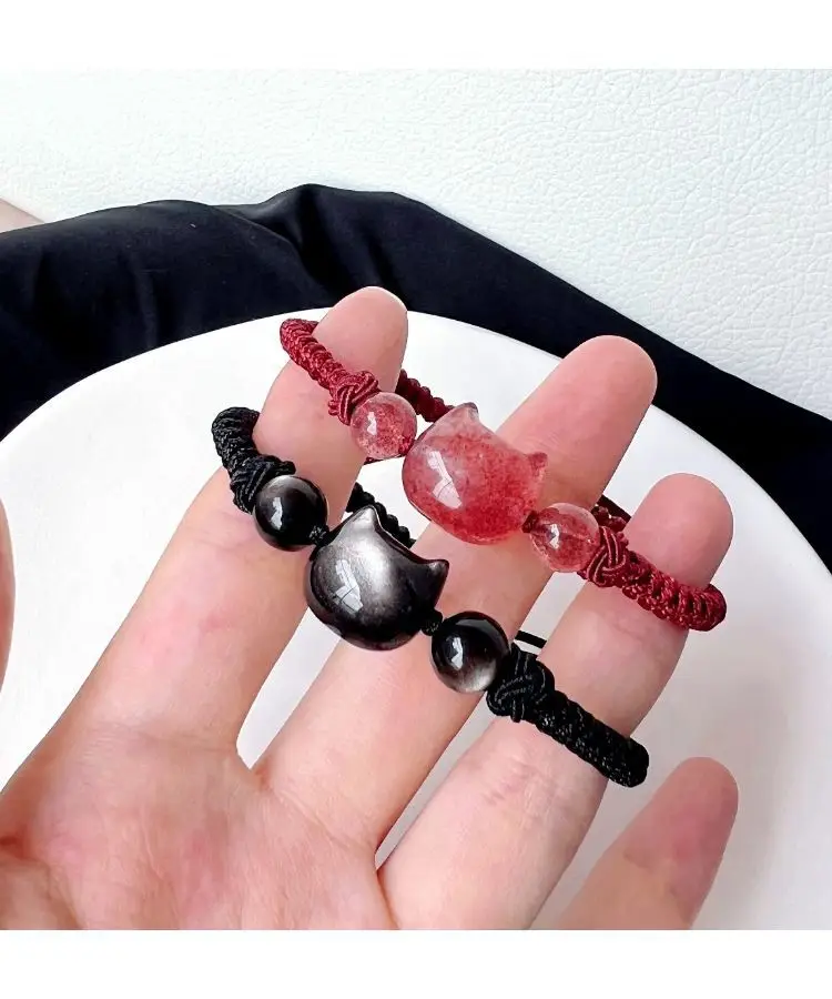 Natural Silver Obsidian Couple Bracelet Red Rope Braided — feature 11