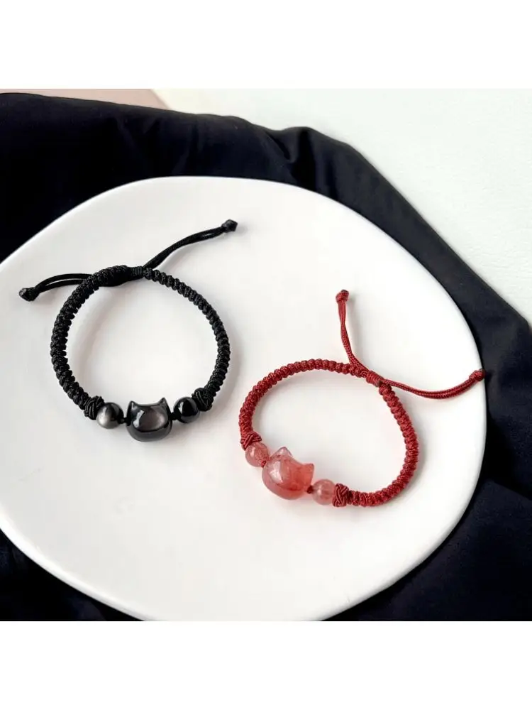 Natural Silver Obsidian Couple Bracelet Red Rope Braided — feature 5