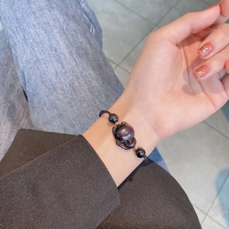 Couple Style Little Fox Bracelet Natural Obsidian Strawberry Crystal - Image 4