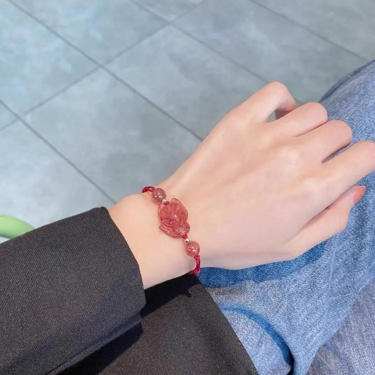 Couple Style Little Fox Bracelet Natural Obsidian Strawberry Crystal - Image 5