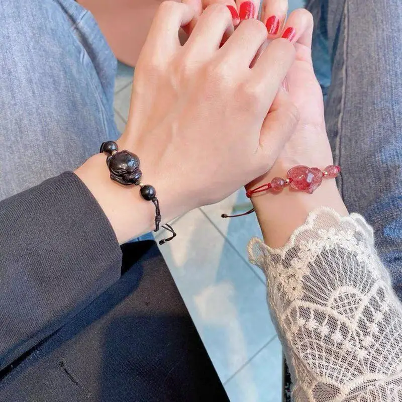 Couple Style Little Fox Bracelet Natural Obsidian Strawberry Crystal - Image 7