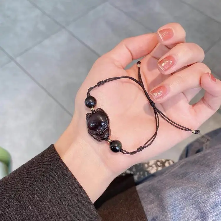 Couple Style Little Fox Bracelet Natural Obsidian Strawberry Crystal — feature 3