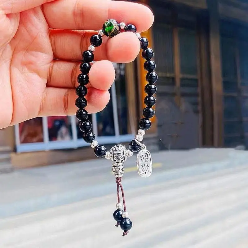 New Xiangji Black Glass Bracelet with Green Glass Pendant - Image 4