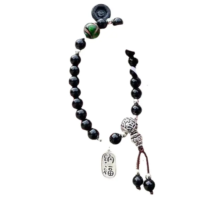 New Xiangji Black Glass Bracelet with Green Glass Pendant - Image 7