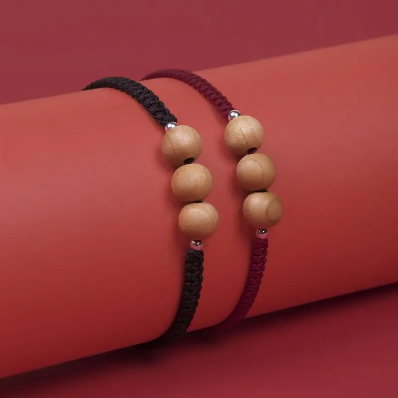 Natural Old Peach Wood Braided Bracelets for Couples & Kids - Image 3