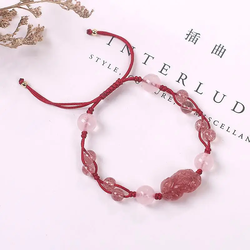 Natural Strawberry Crystal Pixiu Safety Bracelet Adjustable Women's Jewelry - Image 6