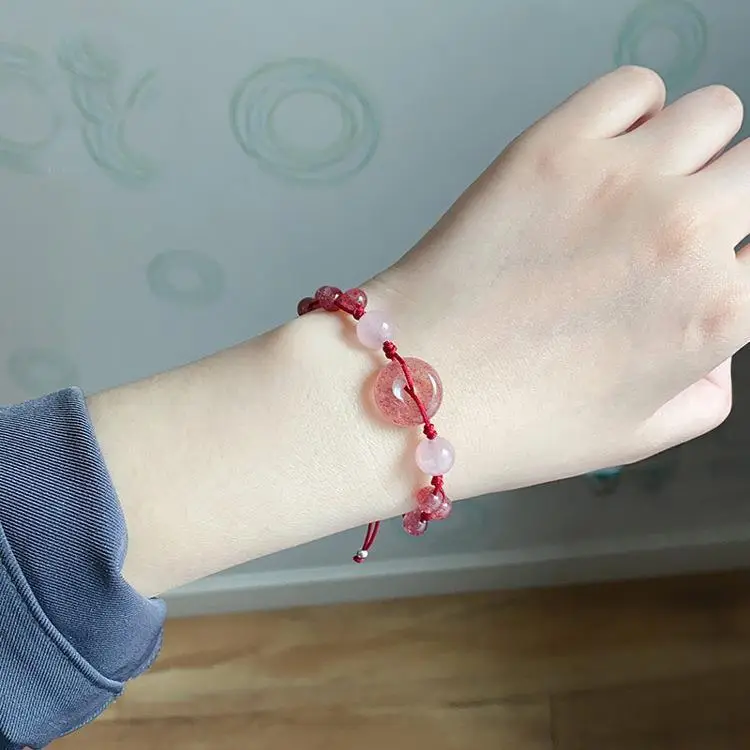 Natural Strawberry Crystal Pixiu Safety Bracelet Adjustable Women's Jewelry — feature 11