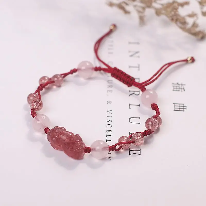 Natural Strawberry Crystal Pixiu Safety Bracelet Adjustable Women's Jewelry — feature 3
