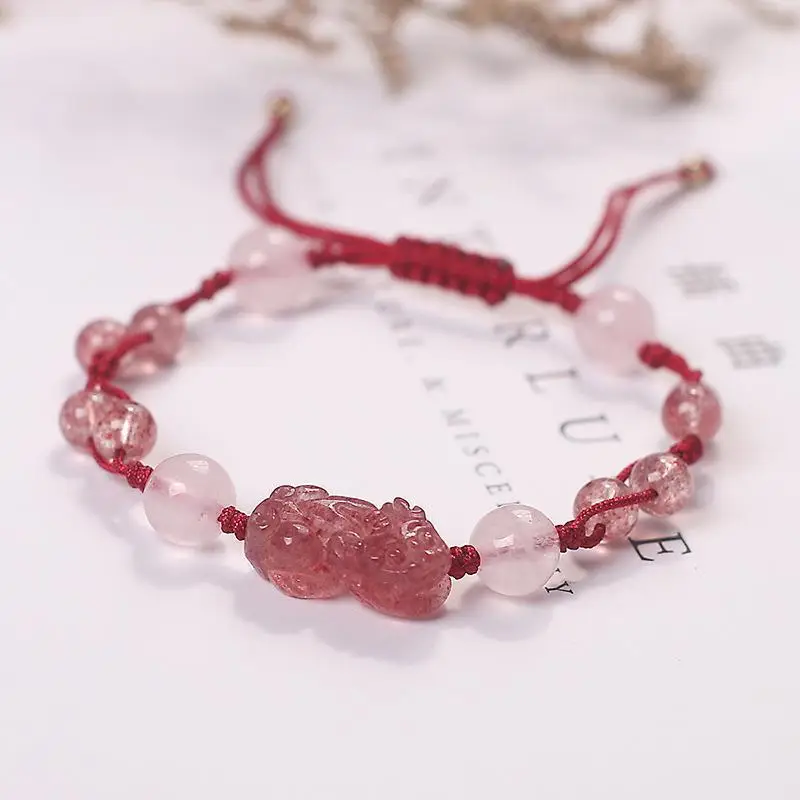 Natural Strawberry Crystal Pixiu Safety Bracelet Adjustable Women's Jewelry — feature 4