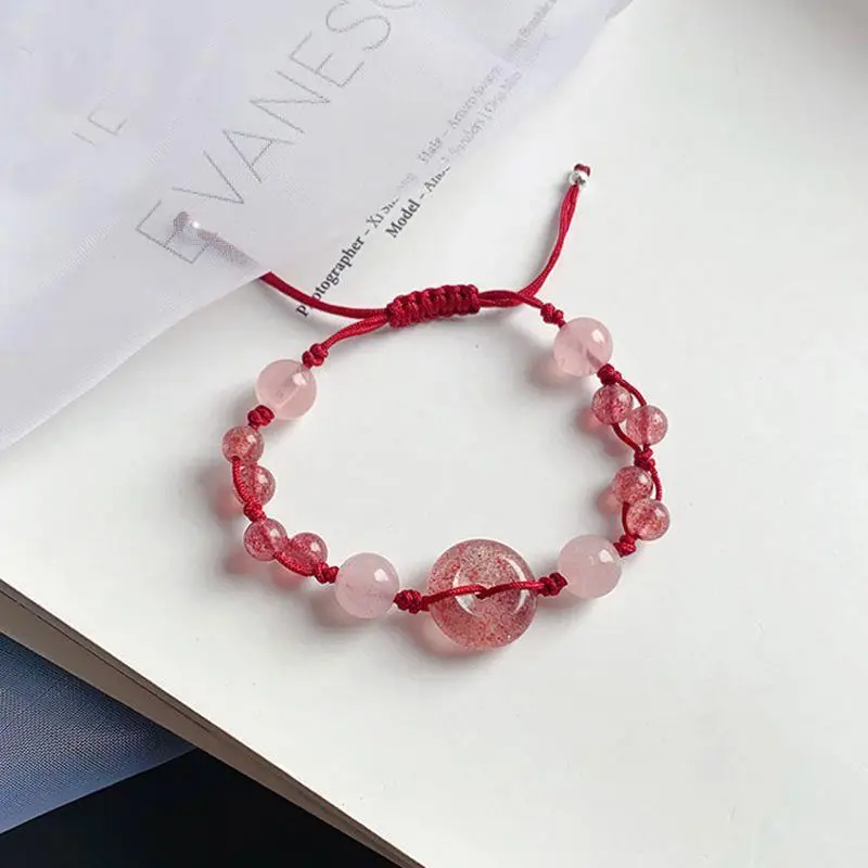 Natural Strawberry Crystal Pixiu Safety Bracelet Adjustable Women's Jewelry — feature 7