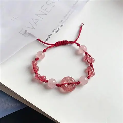 Natural Strawberry Crystal Pixiu Safety Bracelet Adjustable Women's Jewelry - Image 2