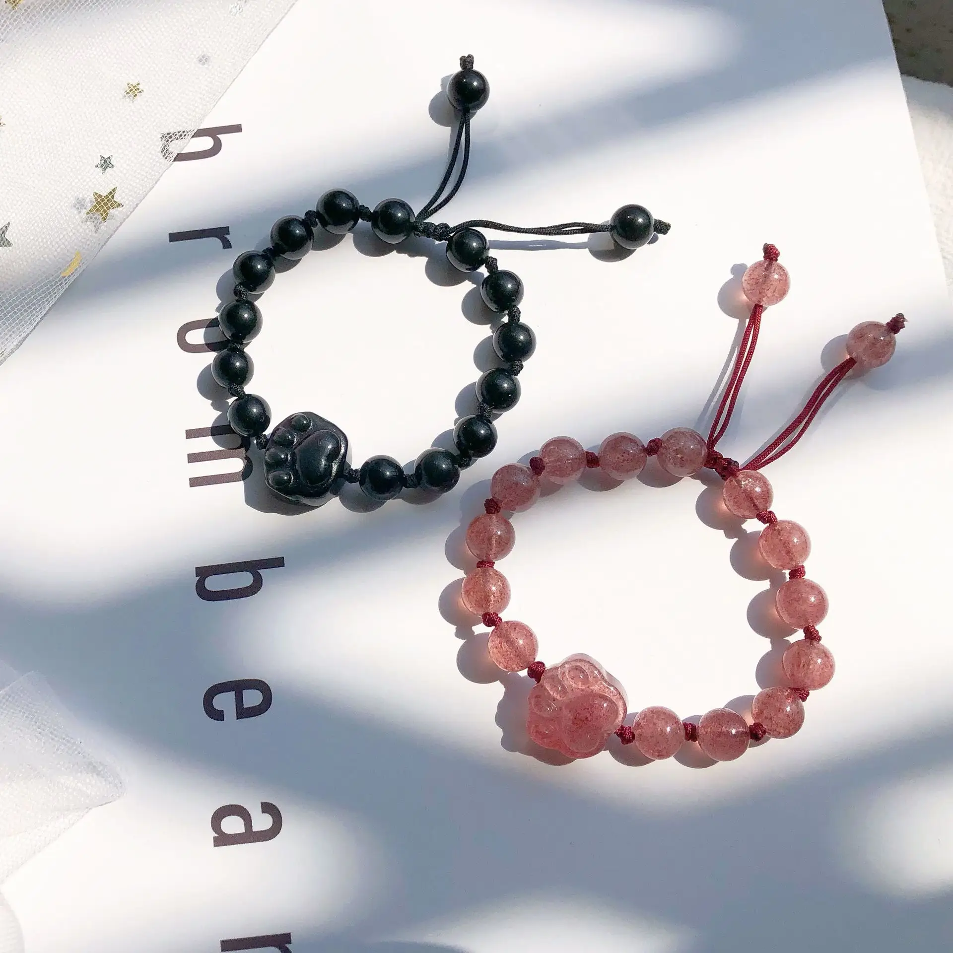 Natural Crystal Braided Rope Bracelet Strawberry Cat Claw Obsidian - Image 6