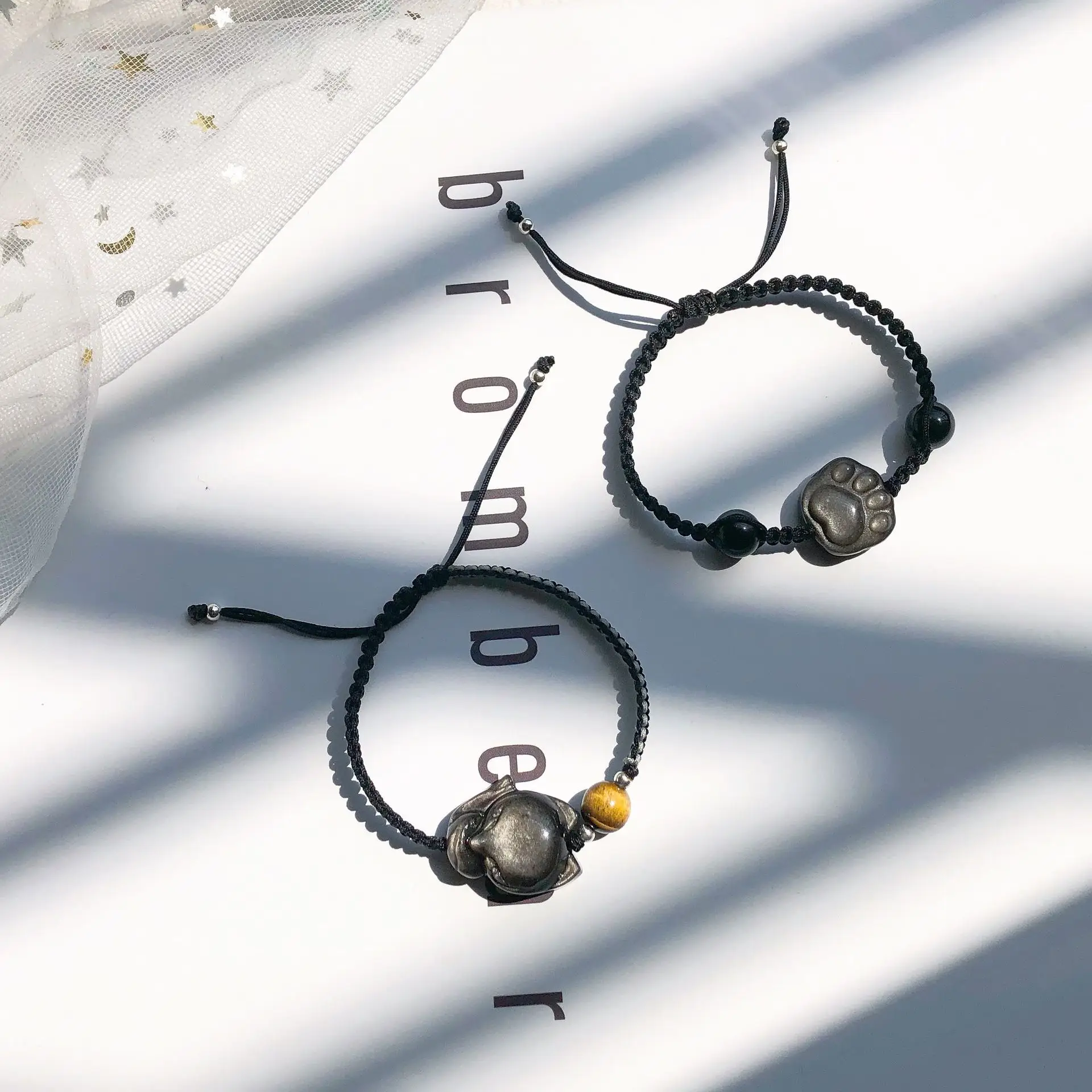 Natural Crystal Braided Rope Bracelet Strawberry Cat Claw Obsidian - Image 8
