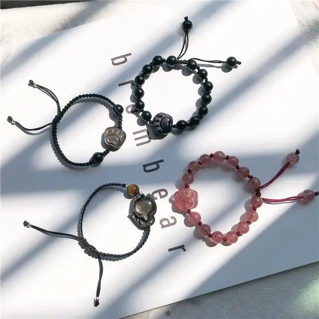 Natural Crystal Braided Rope Bracelet Strawberry Cat Claw Obsidian — feature 1