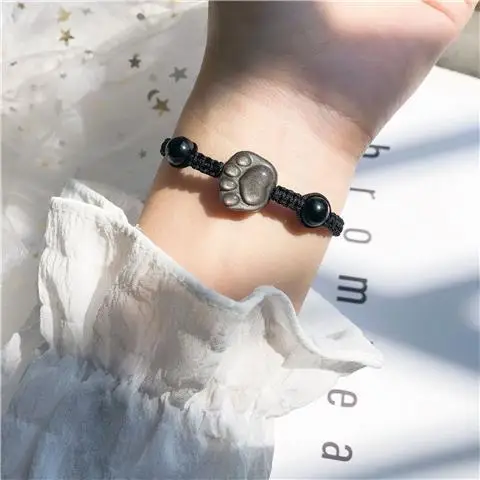 Natural Crystal Braided Rope Bracelet Strawberry Cat Claw Obsidian - Image 3