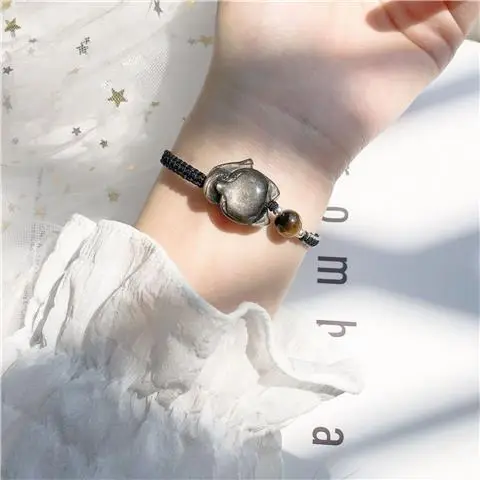 Natural Crystal Braided Rope Bracelet Strawberry Cat Claw Obsidian - Image 4