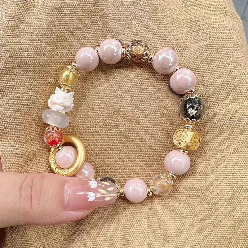 Gray Pink Porcelain Bead Running Bracelet with Fox Transfer