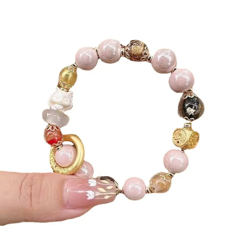Gray Pink Porcelain Bead Running Bracelet with Fox Transfer