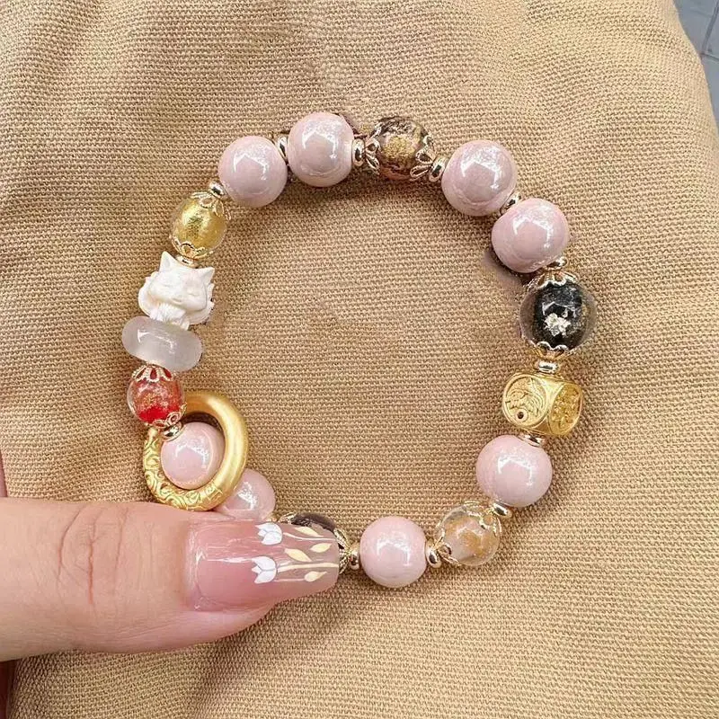 Gray Pink Porcelain Bead Running Bracelet with Fox Transfer — feature 2
