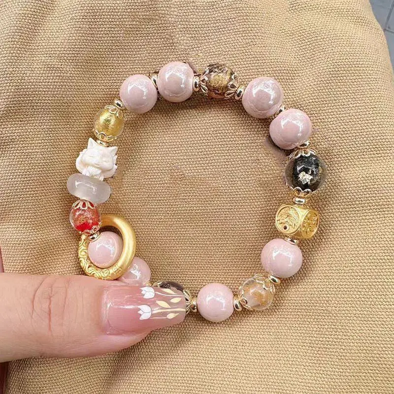 Gray Pink Porcelain Bead Running Bracelet with Fox Transfer — feature 5