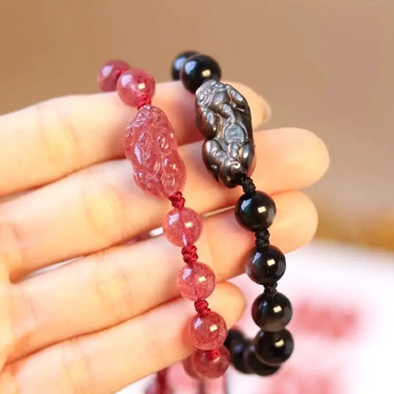 Natural Strawberry Crystal Silver Obsidian Couple Bracelet Women - Image 5