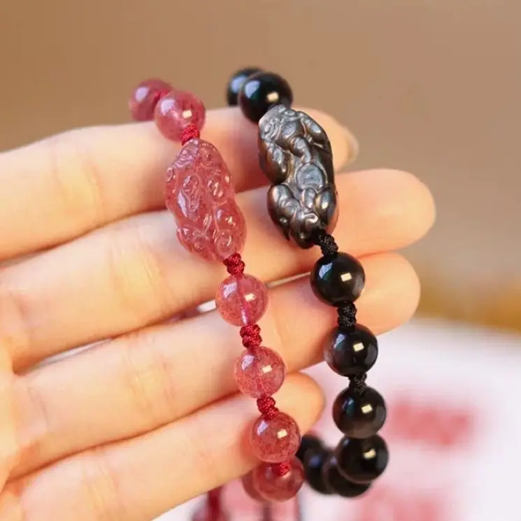 Natural Strawberry Crystal Silver Obsidian Couple Bracelet Women - Image 6