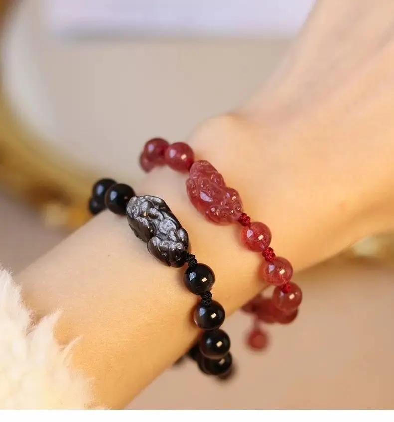 Natural Strawberry Crystal Silver Obsidian Couple Bracelet Women — feature 3