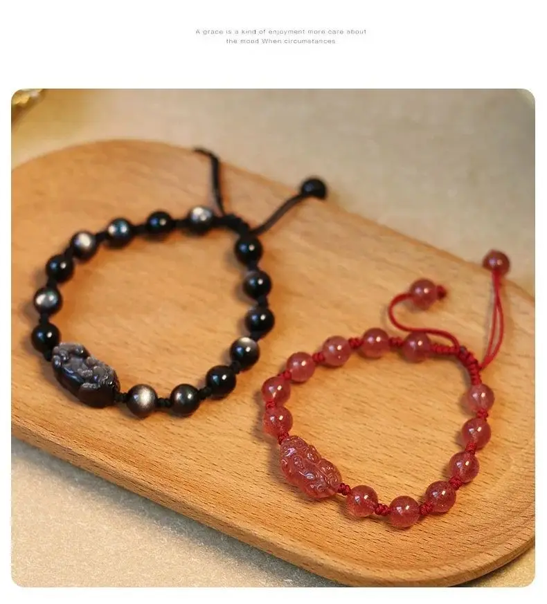 Natural Strawberry Crystal Silver Obsidian Couple Bracelet Women — feature 4