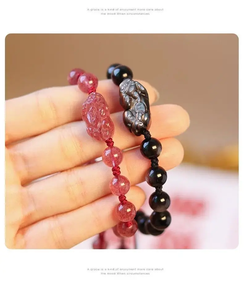 Natural Strawberry Crystal Silver Obsidian Couple Bracelet Women — feature 5