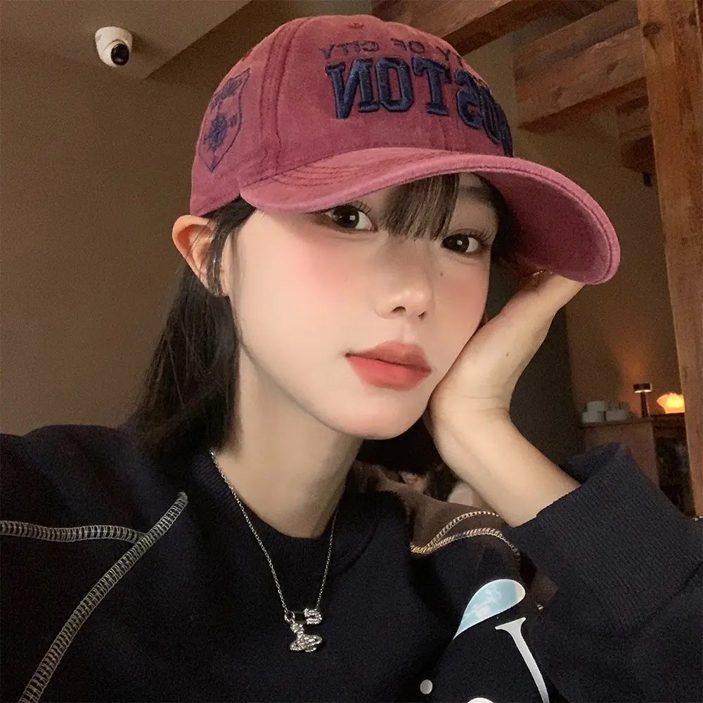 Women Pink Embroidered Baseball Cap with Wide Brim