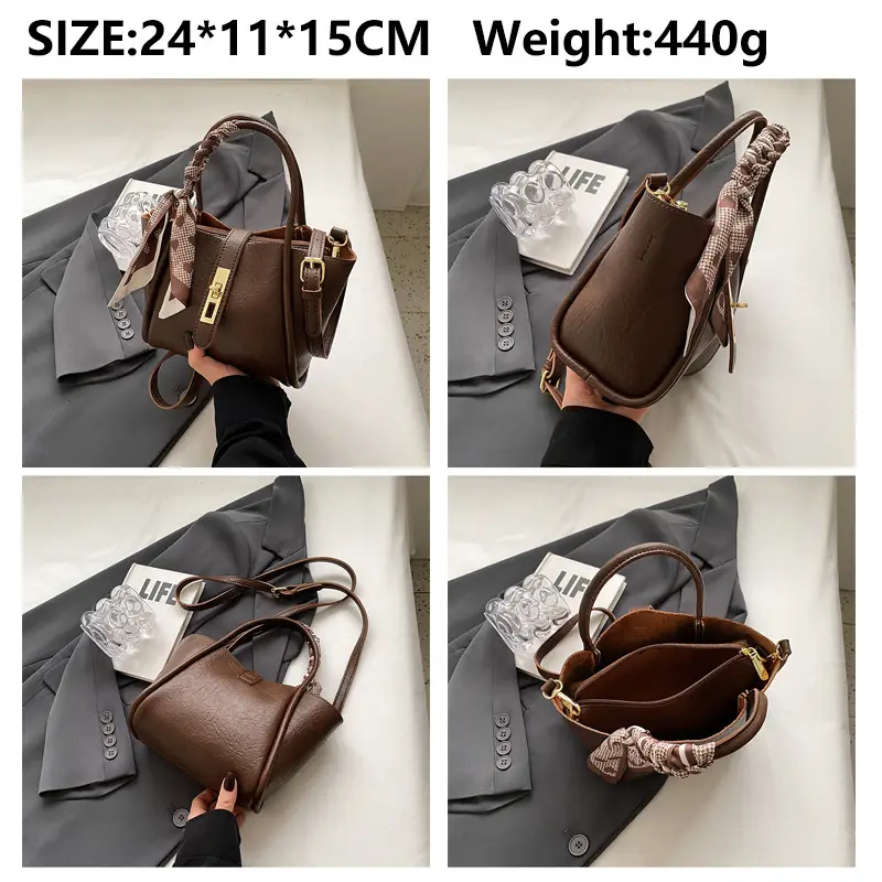 Women's Bucket Bag Brown Leather Shoulder Messenger - Image 8