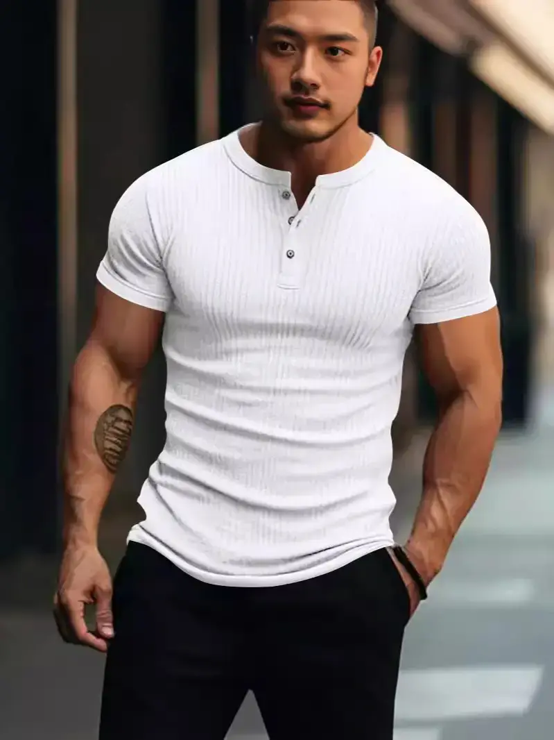 Men White Knitted Short Sleeve Henry Shirt Summer Wear