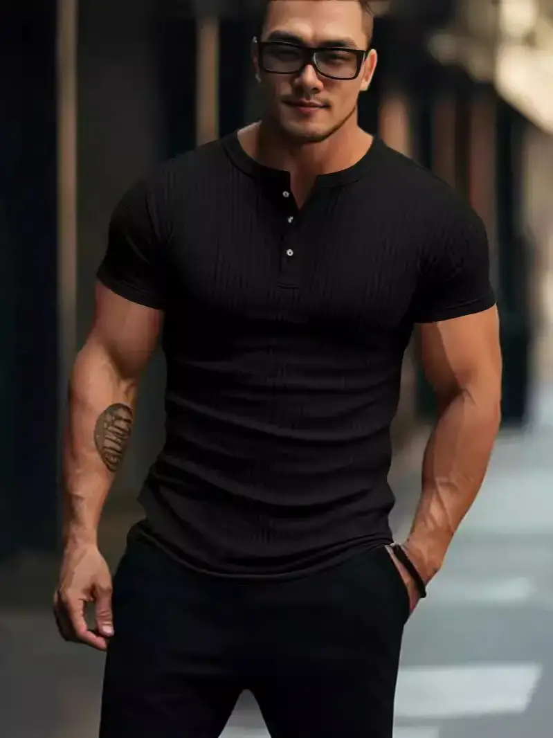 Men White Knitted Short Sleeve Henry Shirt Summer Wear