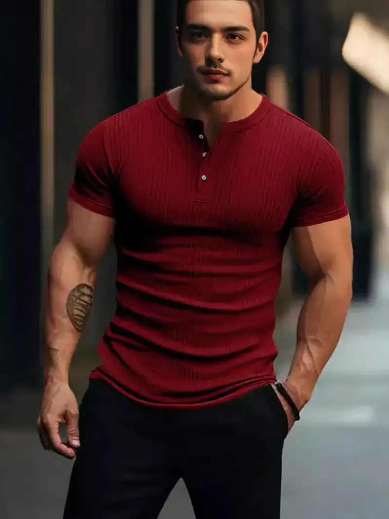 Men White Knitted Short Sleeve Henry Shirt Summer Wear