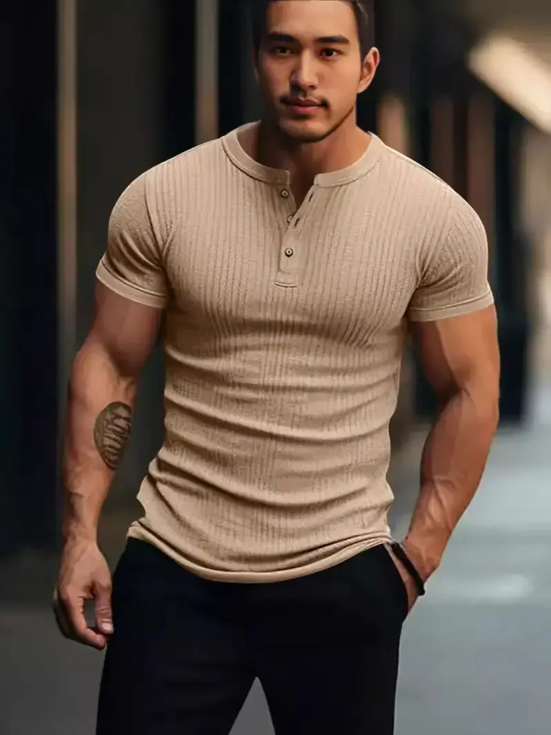 Men White Knitted Short Sleeve Henry Shirt Summer Wear